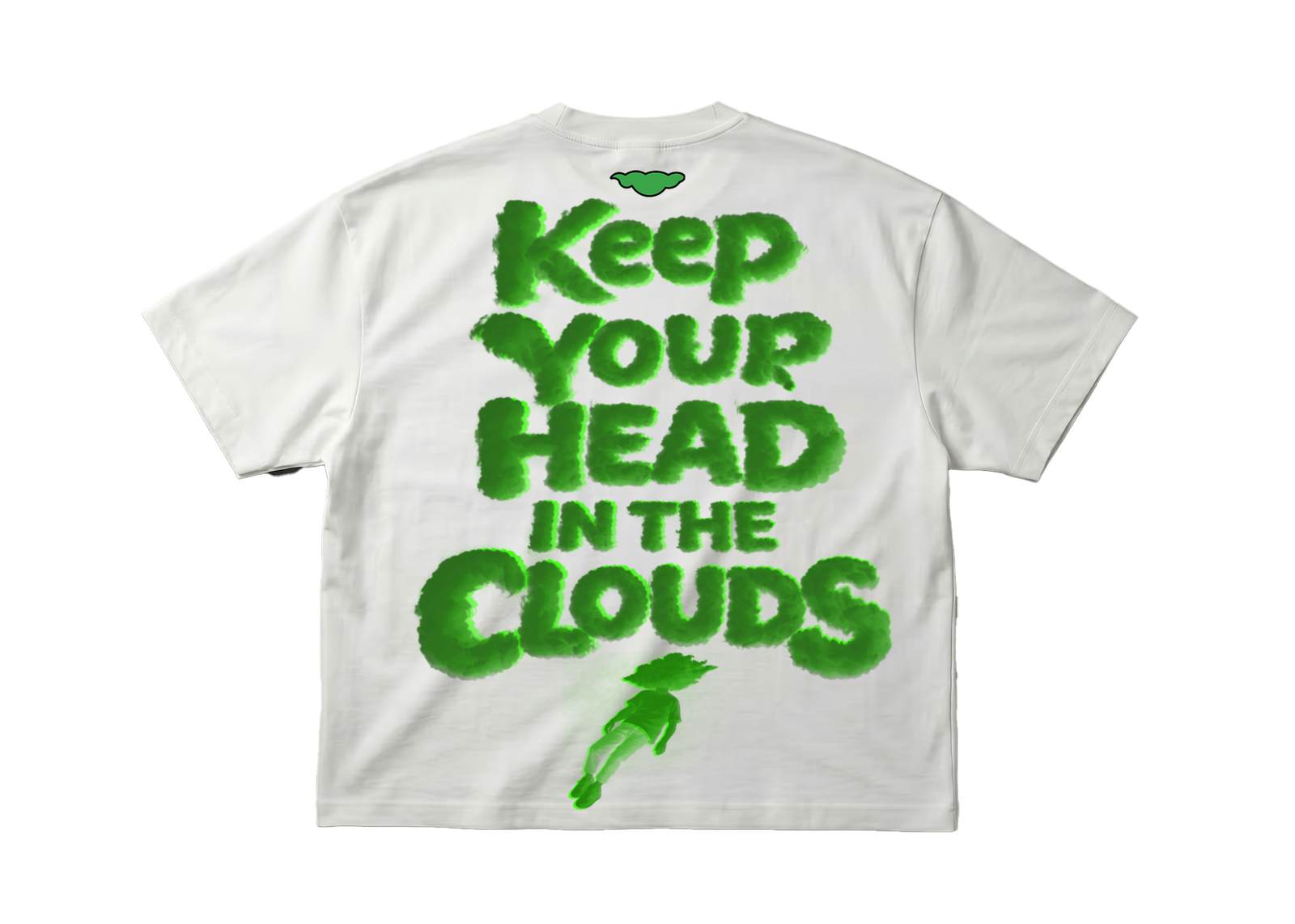 CCCumulus Green 01 — flat lay back, white oversized tee with green 'Keep Your Head In The Clouds' text