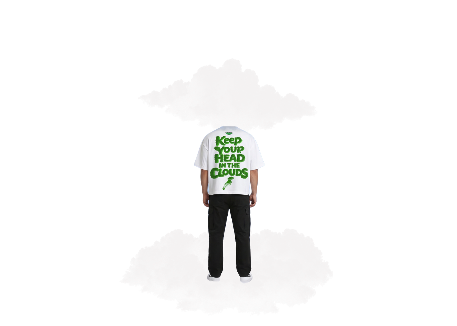 CCCumulus Green 01 — back view worn, 'Keep Your Head In The Clouds' green graphic on white oversized tee
