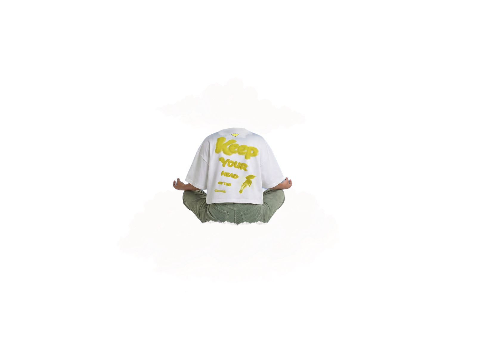 CCCumulus Yellow 01 — back view worn, 'Keep Your Head In The Clouds' yellow graphic on white oversized tee
