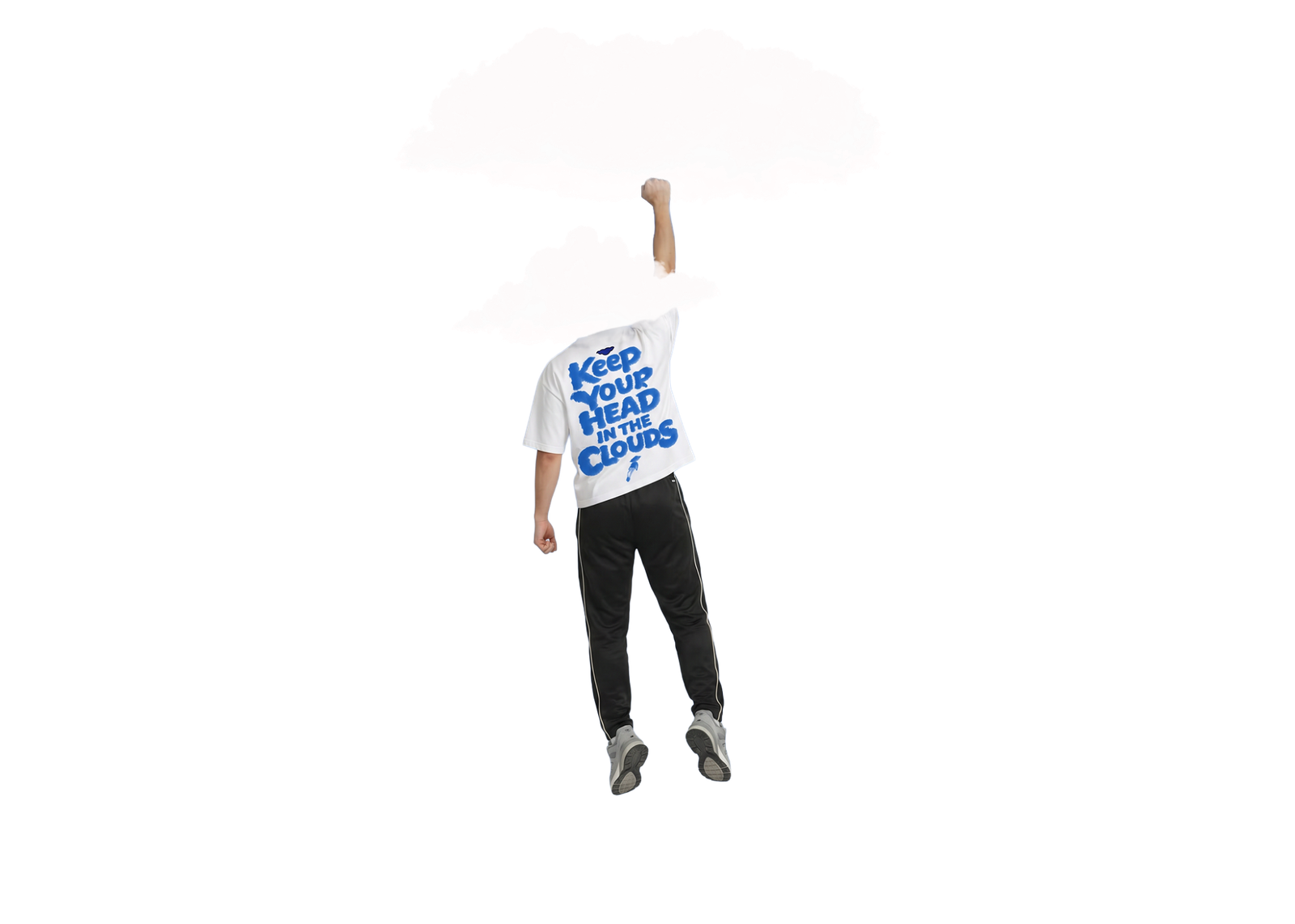 CCCumulus Blue 01 — back view worn, 'Keep Your Head In The Clouds' blue graphic on white oversized tee