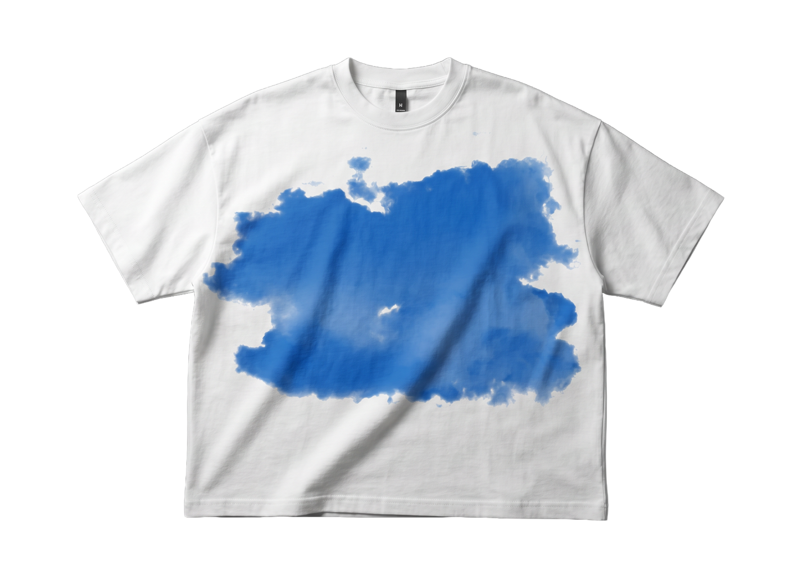 CCCumulus Blue 01 — flat lay front, white oversized tee with large blue cloud print