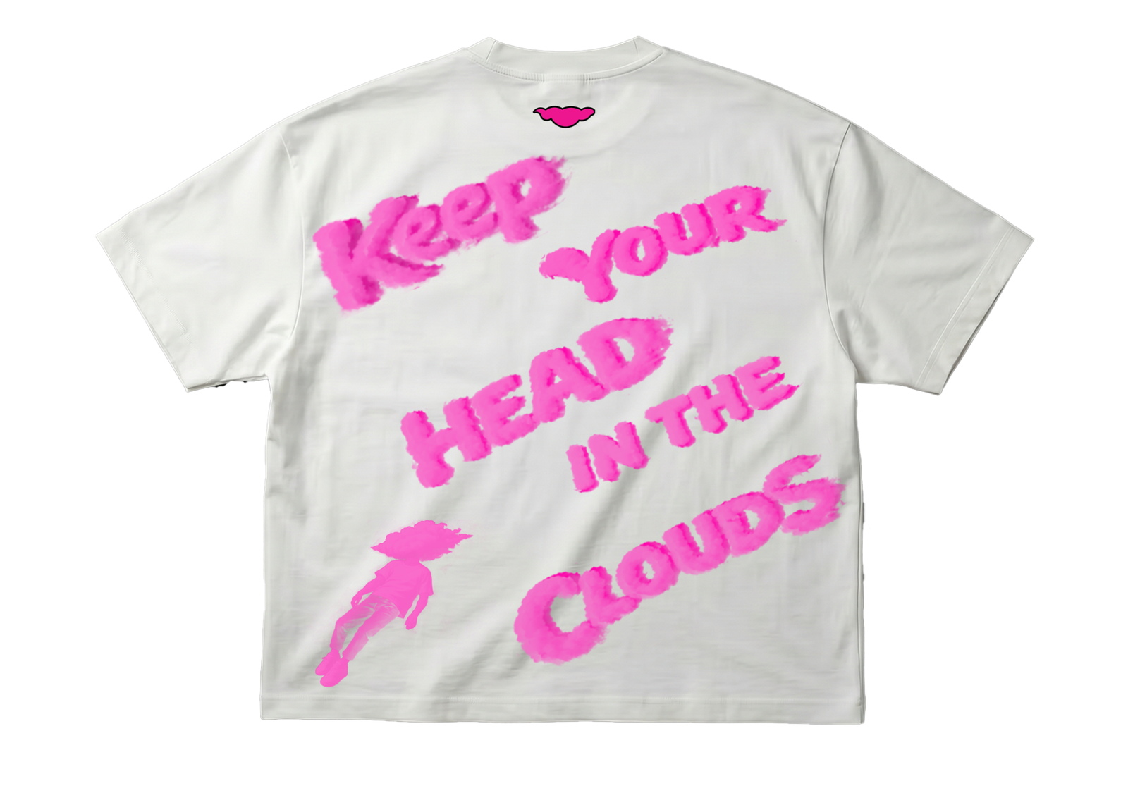 CCCumulus Pink 01 — flat lay back, white oversized tee with pink 'Keep Your Head In The Clouds' text