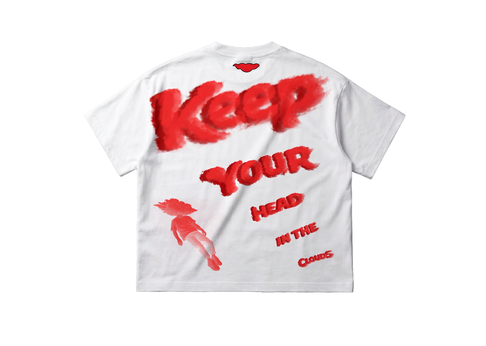 CCCumulus Red 01 — flat lay back, white oversized tee with red 'Keep Your Head In The Clouds' text