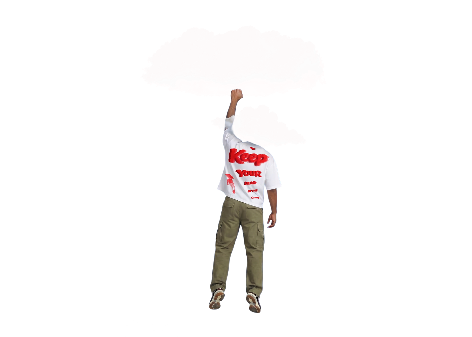 CCCumulus Red 01 — back view worn, 'Keep Your Head In The Clouds' red graphic on white oversized tee