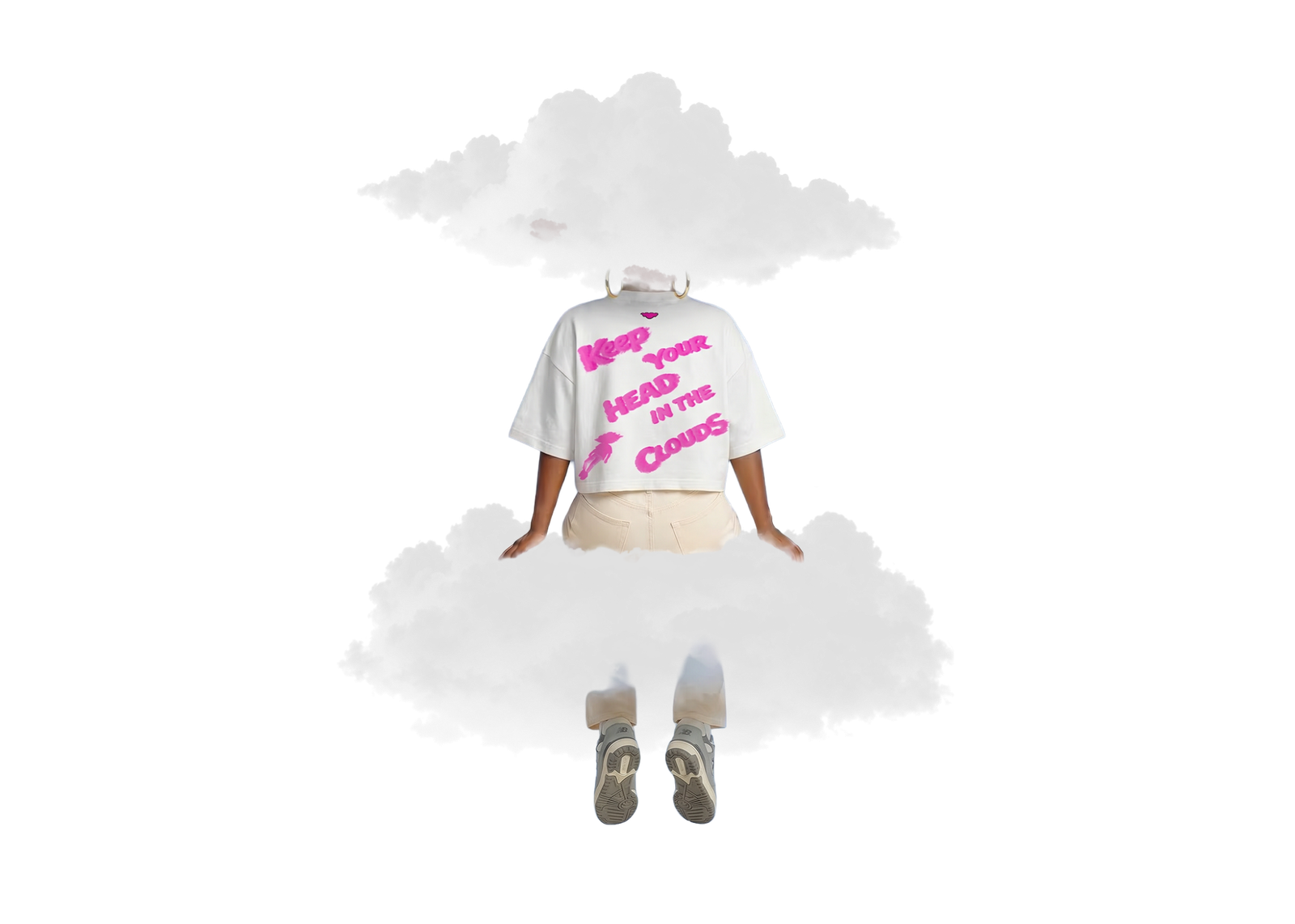 CCCumulus Pink 01 — back view worn, 'Keep Your Head In The Clouds' pink graphic on white oversized tee