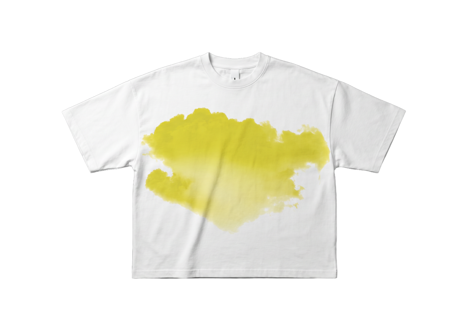 CCCumulus Yellow 01 — flat lay front, white oversized tee with large yellow cloud print