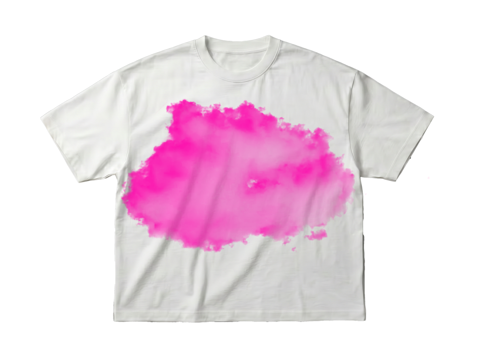 CCCumulus Pink 01 — flat lay front, white oversized tee with large pink cloud print