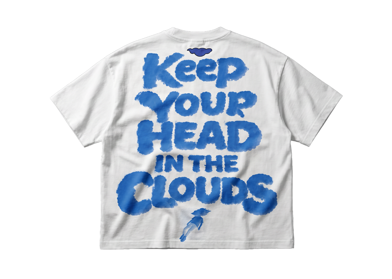 CCCumulus Blue 01 — flat lay back, white oversized tee with blue 'Keep Your Head In The Clouds' text